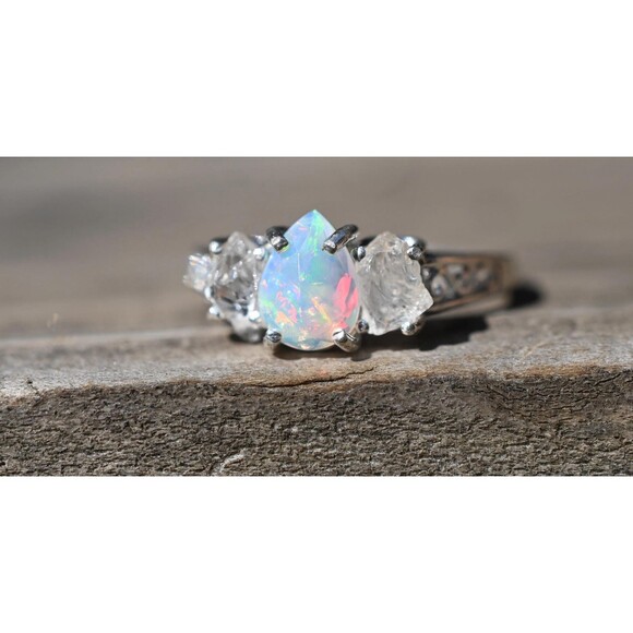 Unbranded Jewelry - Engagement ring crystal wedding ring, Ethiopian opal sterling silver size 3 4 5